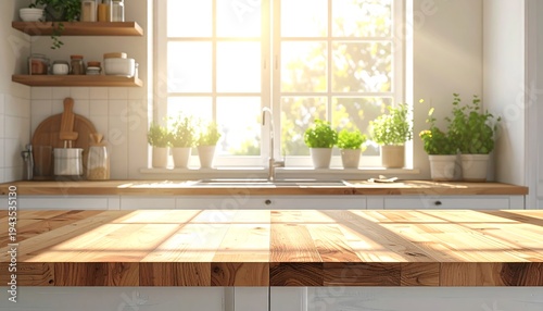 A sun-drenched, inviting kitchen scene showcases a wooden countertop with sunlight illuminating the space. Plants sit by a window