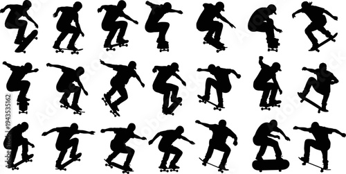 Skateboarder action silhouettes collection, black vector illustration set of street skating tricks, jumps, and movements for sport design, logos, urban graphics