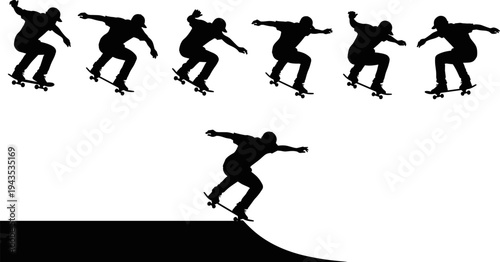 Skateboarder jump trick sequence silhouette vector illustration showing skateboard action motion, extreme street sport performance and urban skateboarding skills isolated on white background