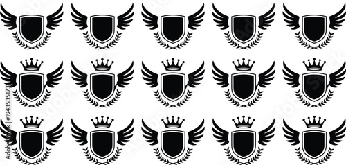 Set of heraldic shield emblems with wings and crowns, black silhouettes for luxury logo and brand identity design.