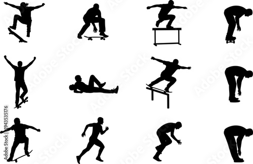 Skateboarder silhouette action poses collection, extreme skateboarding tricks jumps rails falls motion sequence, black vector illustration isolated on white background