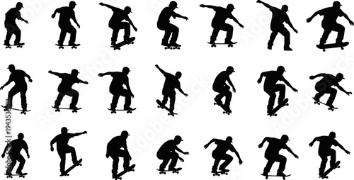 Skateboarder silhouette vector collection featuring jumping, tricks, and street skating poses, dynamic urban sport action icons set for youth culture design and motion graphics