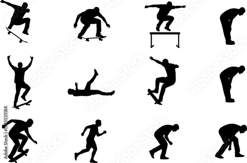 Skateboarder silhouette action poses set, extreme skateboarding tricks jumps falls motion sequence, black vector illustration isolated on white background for urban sports design