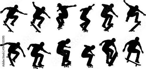 Skateboarder silhouettes performing tricks set, urban street skateboarding action poses, extreme sport movement, black vector illustration isolated on white background