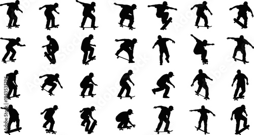 Skateboarder silhouette vector set, skateboarding tricks and jumps, black and white urban sport action collection for street culture design, branding icons
