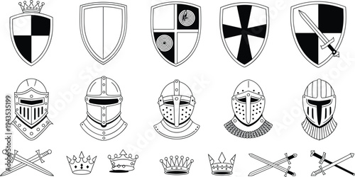 Set of medieval knight icons featuring shields, helmets, swords, and crowns in simple black and white line art style.