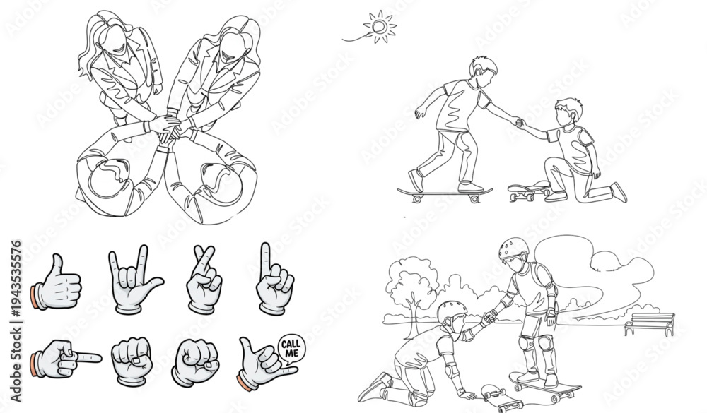 Obraz premium A vector graphic illustration of people skateboarding and hand signs
