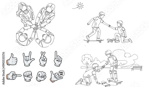 A vector graphic illustration of people skateboarding and hand signs