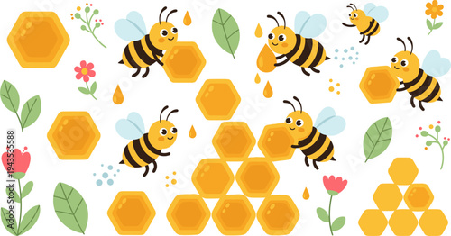Cute Cartoon Bees Building Honeycomb Hexagon Cells with Honey Drops, Flowers, Leaves, and Sweet Honey Elements Beekeeping Vector Illustration Set