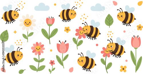 Cute Cartoon Bees Flying Around Colorful Flowers with Leaves, Petals, and Clouds Happy Spring Garden Nature Vector Illustration Set