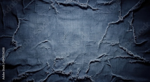 Torn dark blue denim fabric with frayed edges textured background