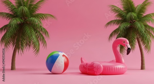 Two palm trees and pink flamingo float with beach ball on pink studio backdrop