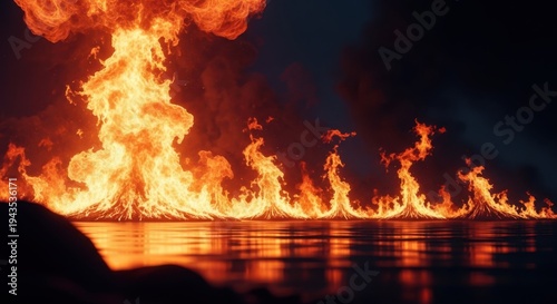 Volcanic eruption with fire lava and smoke over dark water at night