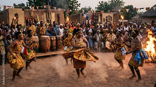 African women dancing around a fire in a rustic village celebration, captured from a vibrant front‑view perspective