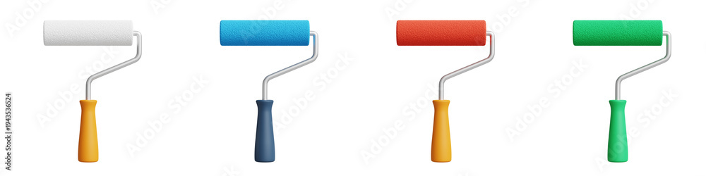 Fototapeta premium Colorful Paint roller, Roller Paint Foam Brush For Wall Painting 3d icon illustration isolated on transparent background. Home renovation, painting, decoration DIY concept. Bright construction tools