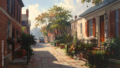 A sunny scene of a cobblestone street lined with brick houses and lush greenery; an old car drives down it