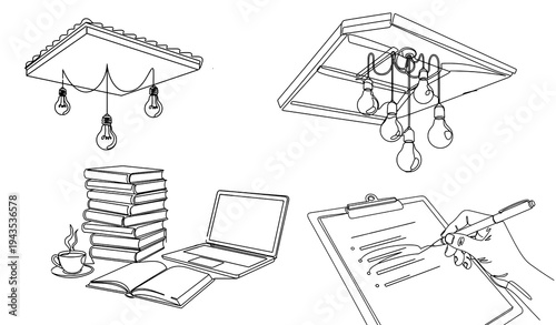 A minimalist vector illustration of office and study elements in a flat design style
