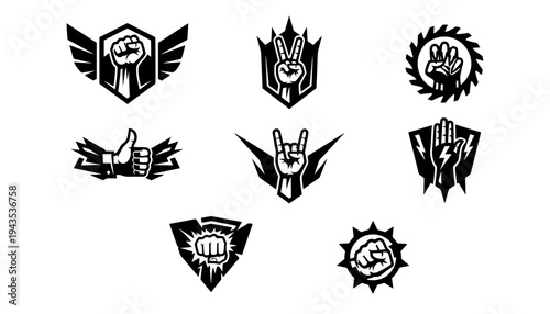 Set of black hand silhouette icons featuring winged fists, rock signs, crossed fingers, thumbs up, and lightning shields for gaming and esports