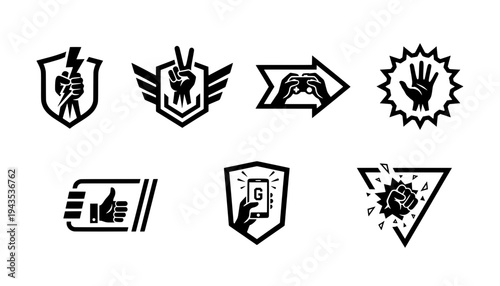 Set of black hand silhouette icons featuring game controllers, smartphones, lightning bolts, peace signs, and fists for gaming and esports concepts
