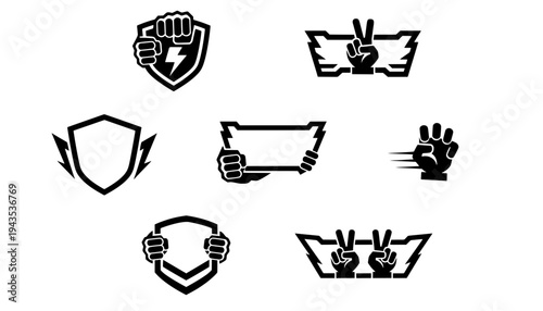 Set of black hand silhouette icons featuring lightning fists, thumbs up in gears, peace signs, banners, and holding shields for power and success