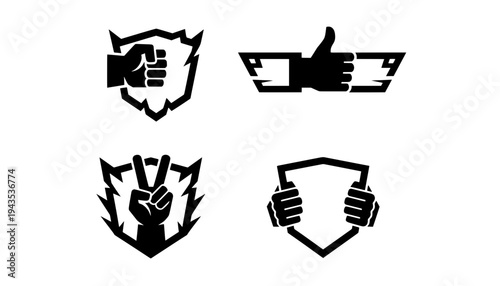 Set of black hand silhouette icons featuring strong fists, peace signs, thumbs up, and protective shields for power, victory, and defense concepts
