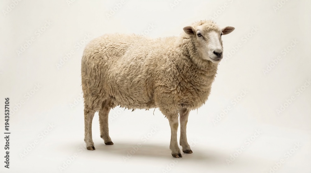 Fototapeta premium White sheep standing looking forward against a clean white background