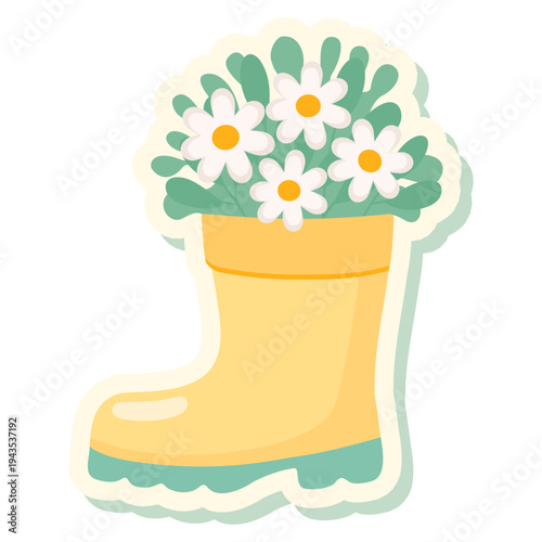 Yellow Rain Boot With Daisy Flowers Spring Sticker Vector Illustration