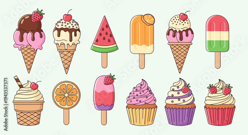 Colorful Ice Creams and Cupcakes Illustration.
