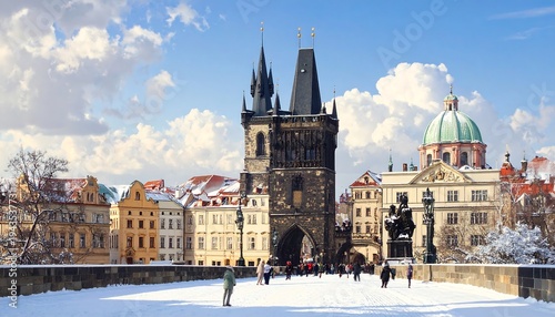 A snow-covered bridge in a European city, with a prominent tower and various historic buildings under a partly cloudy sky