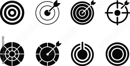 Set of black target and goal vector icons for business success and accuracy symbol on white isolated