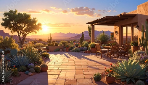 A sunset view from a patio featuring cacti, succulents, and desert plants, with a pergola and mountains in the distance