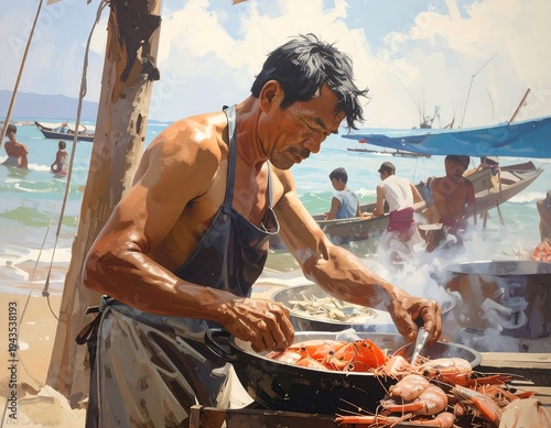 A sun-soaked coastal scene depicts a man in an apron tending a grill. The backdrop showcases boats, children, & the ocean
