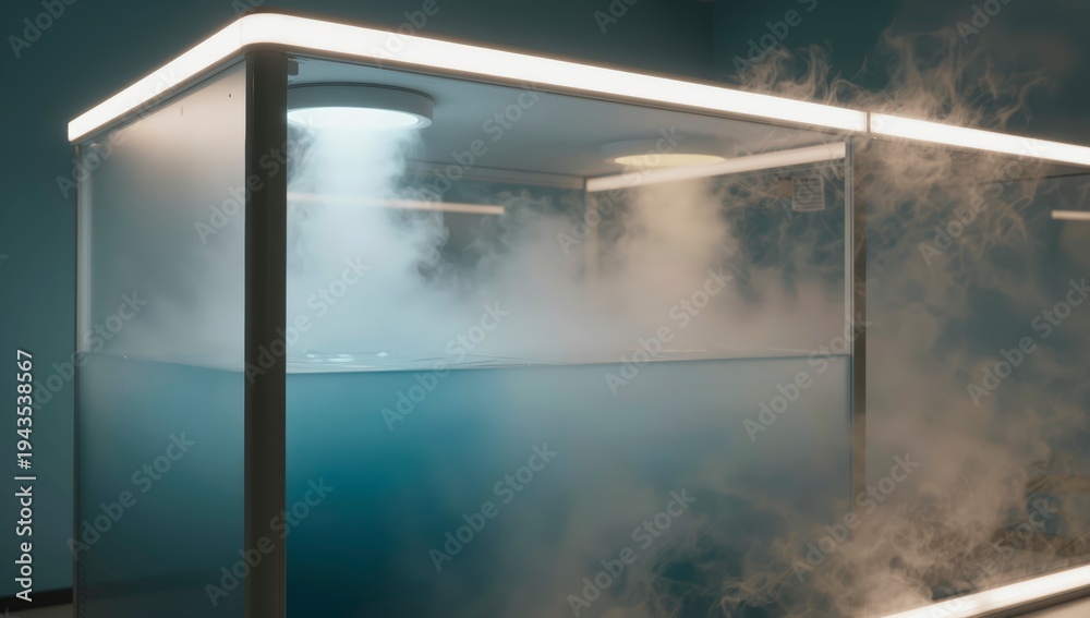Fototapeta premium Modern enclosed chamber filled with blue liquid and swirling white vapor under bright illumination