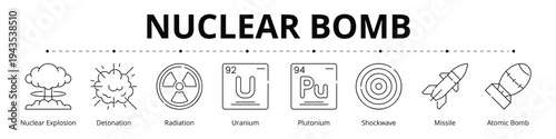 Nuclear Bomb Line Icons Vector - Nuclear Explosion, Detonation, Radiation, Uranium, Plutonium, Shockwave, Missile, Atomic Bomb 