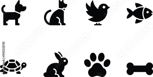 Pet animal vector icons collection with dog cat bird fish turtle rabbit paw print and bone symbols