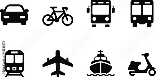 Transportation icons set including car bike bus train airplane ship and scooter black flat symbols
