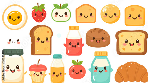 Cute Kawaii Breakfast Food Characters Egg Toast Milk Croissant Vector