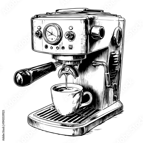 Adobe Stock Hand Drawing Of A Coffee Maker Brewing Espresso Into A Cup - Detailed Sketch