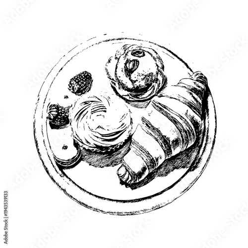 A delightful hand-drawn illustration of a croissant, muffin, and berries on a plate, perfect for food blogs and cafe menus