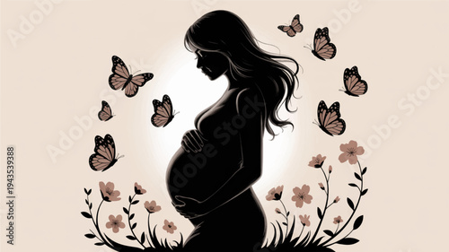 Pregnant woman silhouette surrounded by butterflies and flowers on beige background symbolizing new life and motherhood