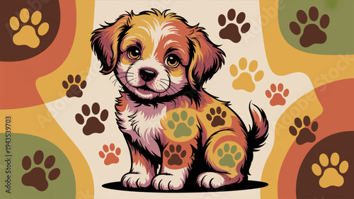 Cute puppy with colorful paw prints on fur and background playful dog illustration