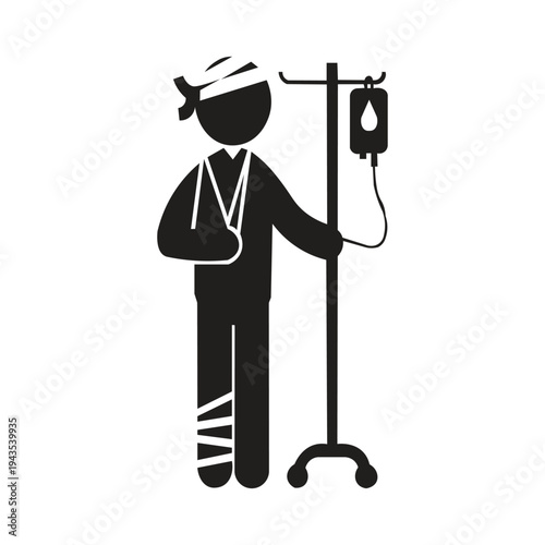 An injured person icon is a silhouette illustration generally visualized using simple pictogram symbols (stick figures) that indicate a specific injured body part or weakened physical condition. These