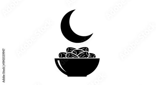 Black bowl with noodles and crescent.