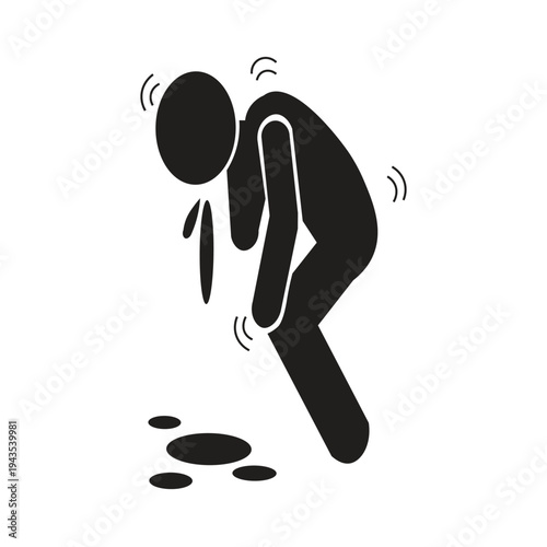 Icon image of a person vomiting silhouette illustration Used to indicate food poisoning, stomach ache, nausea (vomitus), stomach flu, or an intense disgust reaction to something. Common on social medi