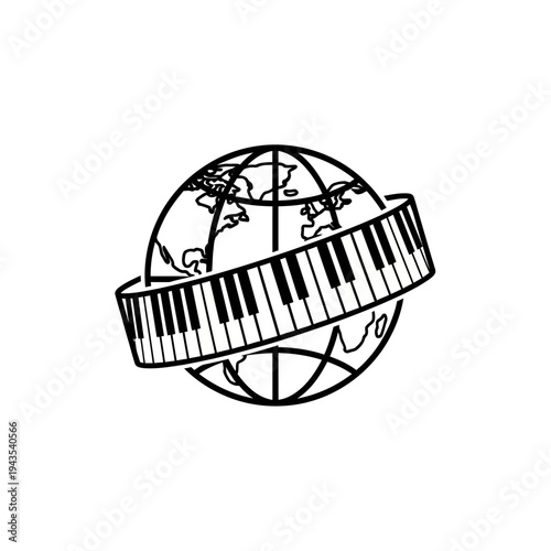 Globe wrapped with piano keyboard music.