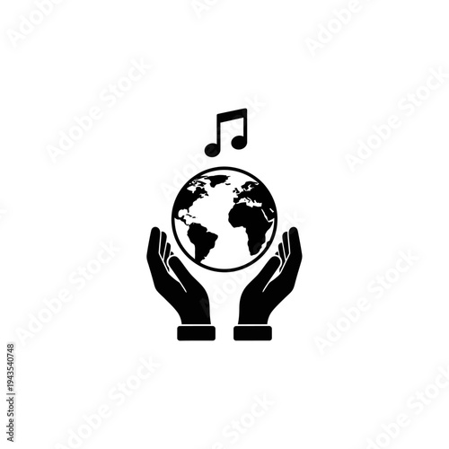 Hands holding globe with music note.