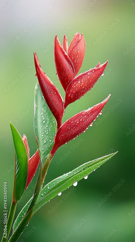 Fototapeta premium Vibrant red heliconia with water drops in lush green background