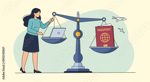 Flat vector illustration of a woman balancing a laptop and a passport on a scale, symbolizing career vs. travel decisions and work-life balance choices.