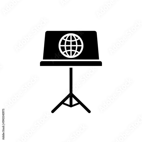 Black music stand with globe symbol.
