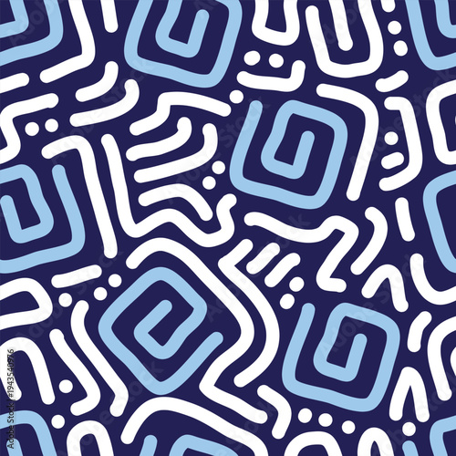 Seamless abstract doodle pattern with spiral squares in white and light blue on dark blue background. Modern geometric repeat perfect for fabric prints, packaging, and branding.